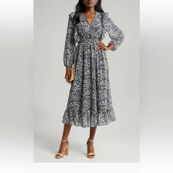 Sam Edelman Navy Wallpaper Paisley Smocked Waist Long Sleeve Dress NwT - Picture 2 of 6